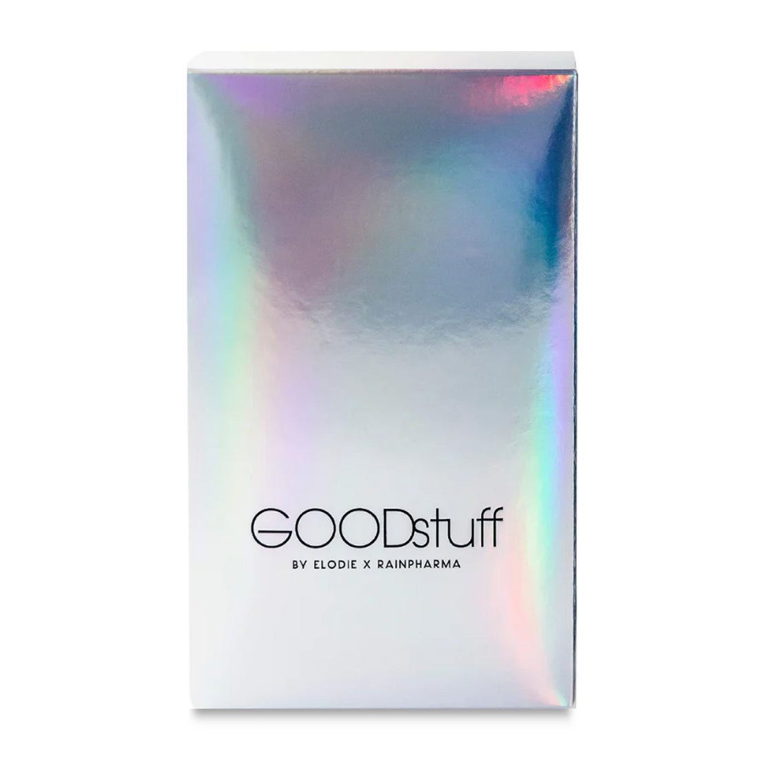 Een rechthoekig, iriserend doosje met het opschrift &quot;Good Stuff by Elodie x Rainpharma&quot; van RainPharma - ideaal voor herstel na het sporten of als premium collageen poeder en eiwitten supplement om je routine te verbeteren.