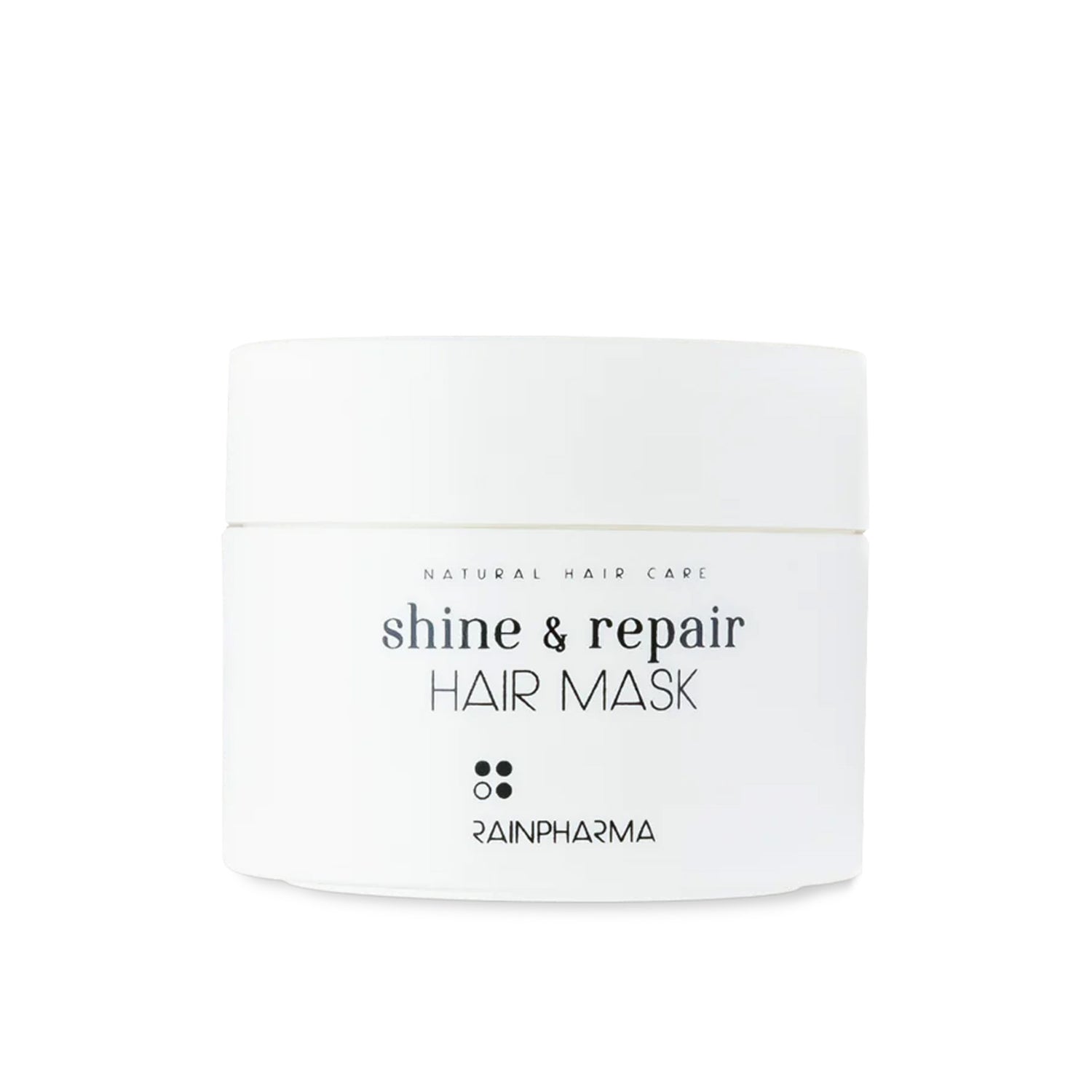 Een witte pot RainPharma Haarmasker (Shine &amp; Repair Haarmasker), gemaakt voor natuurlijke haarverzorging en versterking, verschijnt tegen een effen witte achtergrond.