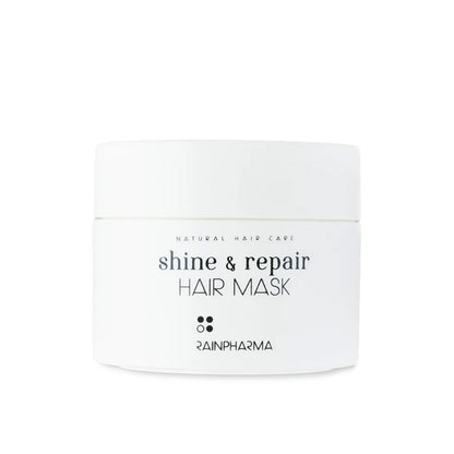 Een witte pot RainPharma Haarmasker (Shine &amp; Repair Haarmasker), gemaakt voor natuurlijke haarverzorging en versterking, verschijnt tegen een effen witte achtergrond.