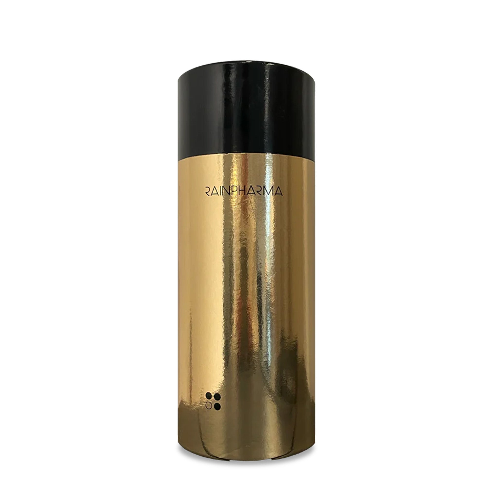 Een luxe goud-en-zwarte RainPharma koker, staand tegen een witte achtergrond-perfect voor de Mix &amp; Match - Stel zelf je cadeau samen set.