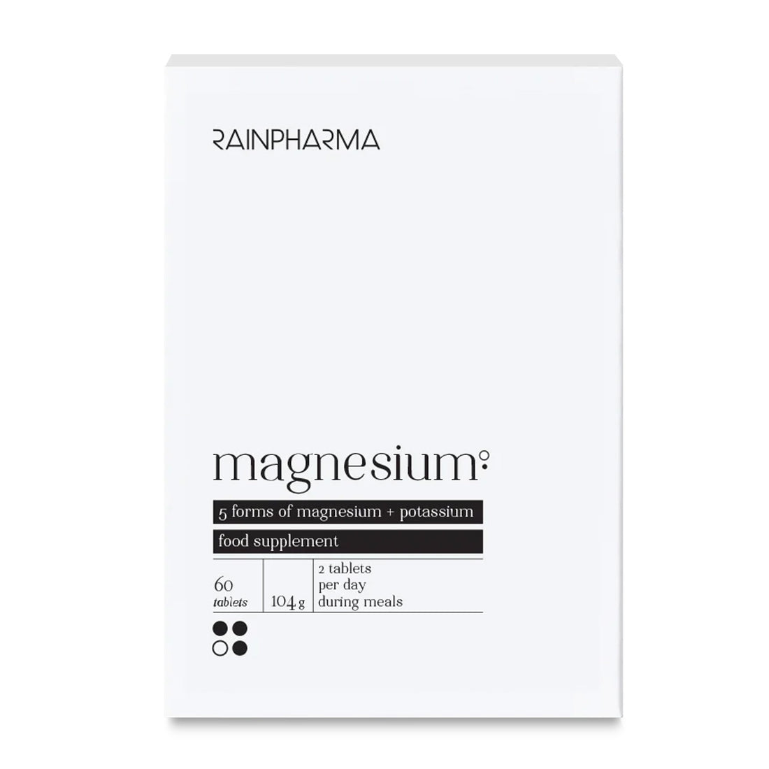 RainPharma Magnesium (Water Relax): witte doos met 60 tabletten met vijf soorten magnesium en kalium. Neem dagelijks 2 tabletten bij de maaltijd om vermoeidheid te helpen verminderen.