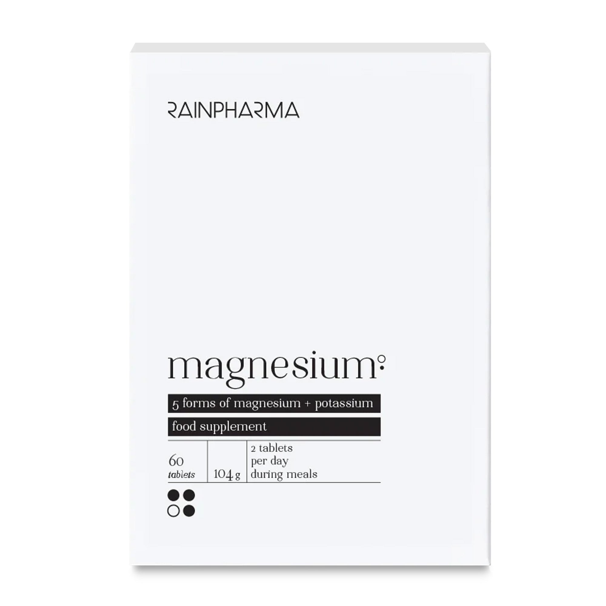 RainPharma Magnesium (Water Relax): witte doos met 60 tabletten met vijf soorten magnesium en kalium. Neem dagelijks 2 tabletten bij de maaltijd om vermoeidheid te helpen verminderen.