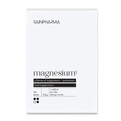 RainPharma Magnesium (Water Relax): witte doos met 60 tabletten met vijf soorten magnesium en kalium. Neem dagelijks 2 tabletten bij de maaltijd om vermoeidheid te helpen verminderen.