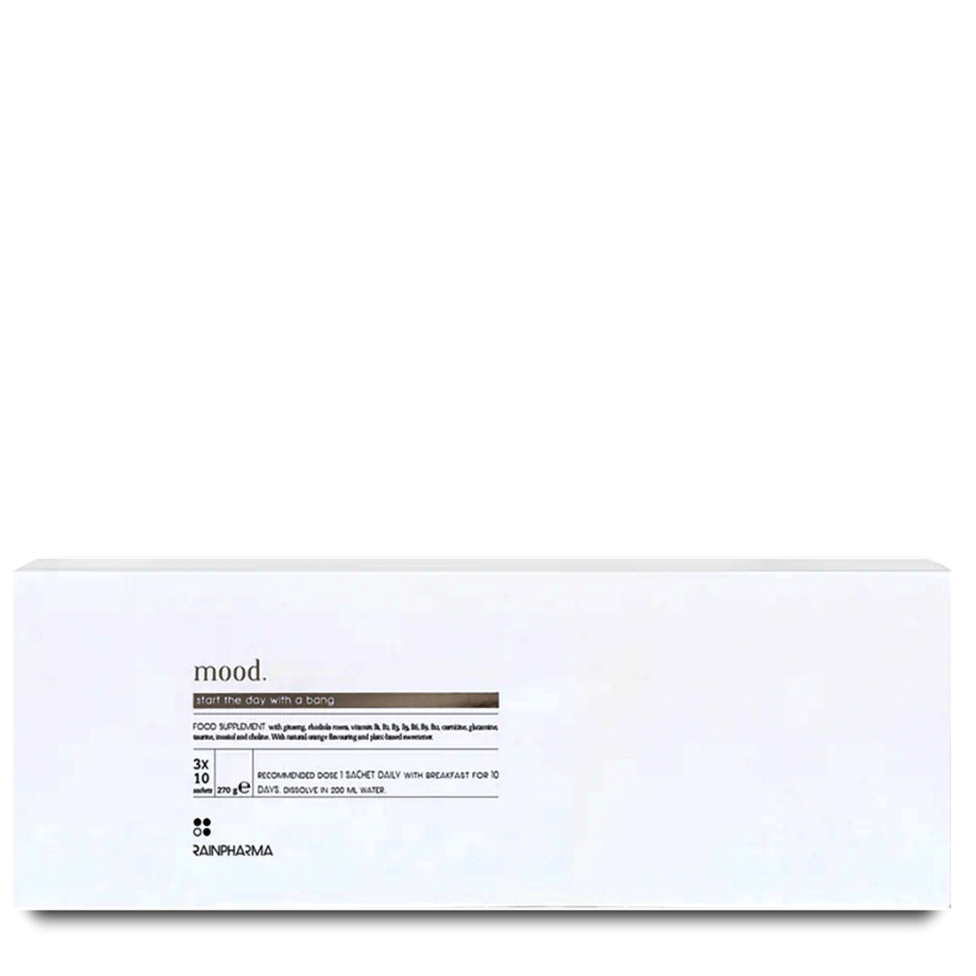 Een witte rechthoekige doos met het label &quot;Mood&quot; van RainPharma toont productinformatie en doseringsinstructies op de voorkant en benadrukt belangrijke ingrediënten zoals Rhodiola Rosea om een verbeterd welzijn te ondersteunen.