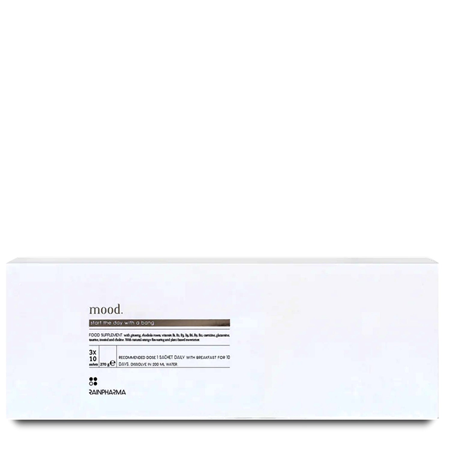 Een witte rechthoekige doos met het label &quot;Mood&quot; van RainPharma toont productinformatie en doseringsinstructies op de voorkant en benadrukt belangrijke ingrediënten zoals Rhodiola Rosea om een verbeterd welzijn te ondersteunen.