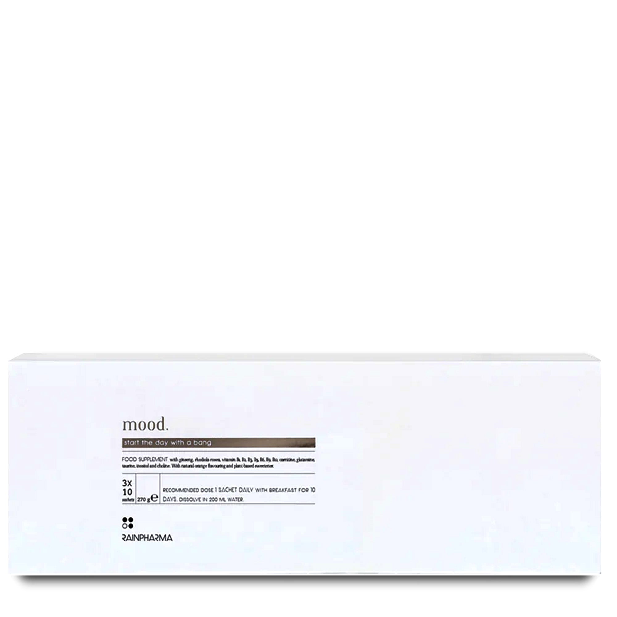Een witte rechthoekige doos met het label &quot;Mood&quot; van RainPharma toont productinformatie en doseringsinstructies op de voorkant en benadrukt belangrijke ingrediënten zoals Rhodiola Rosea om een verbeterd welzijn te ondersteunen.