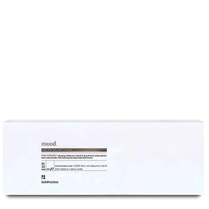 Een witte rechthoekige doos met het label &quot;Mood&quot; van RainPharma toont productinformatie en doseringsinstructies op de voorkant en benadrukt belangrijke ingrediënten zoals Rhodiola Rosea om een verbeterd welzijn te ondersteunen.
