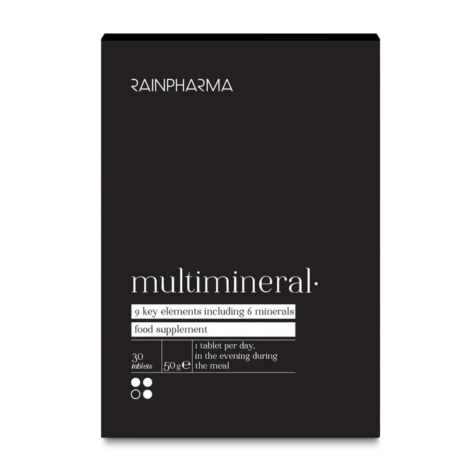 Een zwarte doos met de tekst &quot;RainPharma Multimineralen (Mighty Nine)&quot; bevat 30 tabletten met 6 belangrijke mineralen; de doseringsinstructies staan op de verpakking.