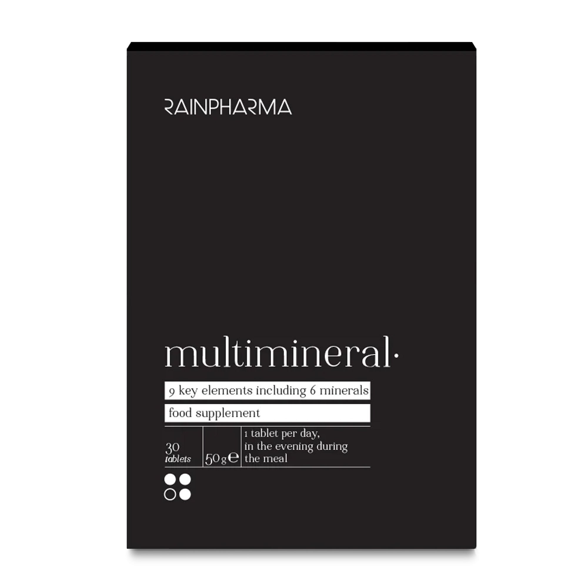 Een zwarte doos met de tekst "RainPharma Multimineralen (Mighty Nine)" bevat 30 tabletten met 6 belangrijke mineralen; de doseringsinstructies staan op de verpakking.