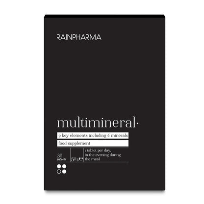 Een zwarte doos met de tekst &quot;RainPharma Multimineralen (Mighty Nine)&quot; bevat 30 tabletten met 6 belangrijke mineralen; de doseringsinstructies staan op de verpakking.