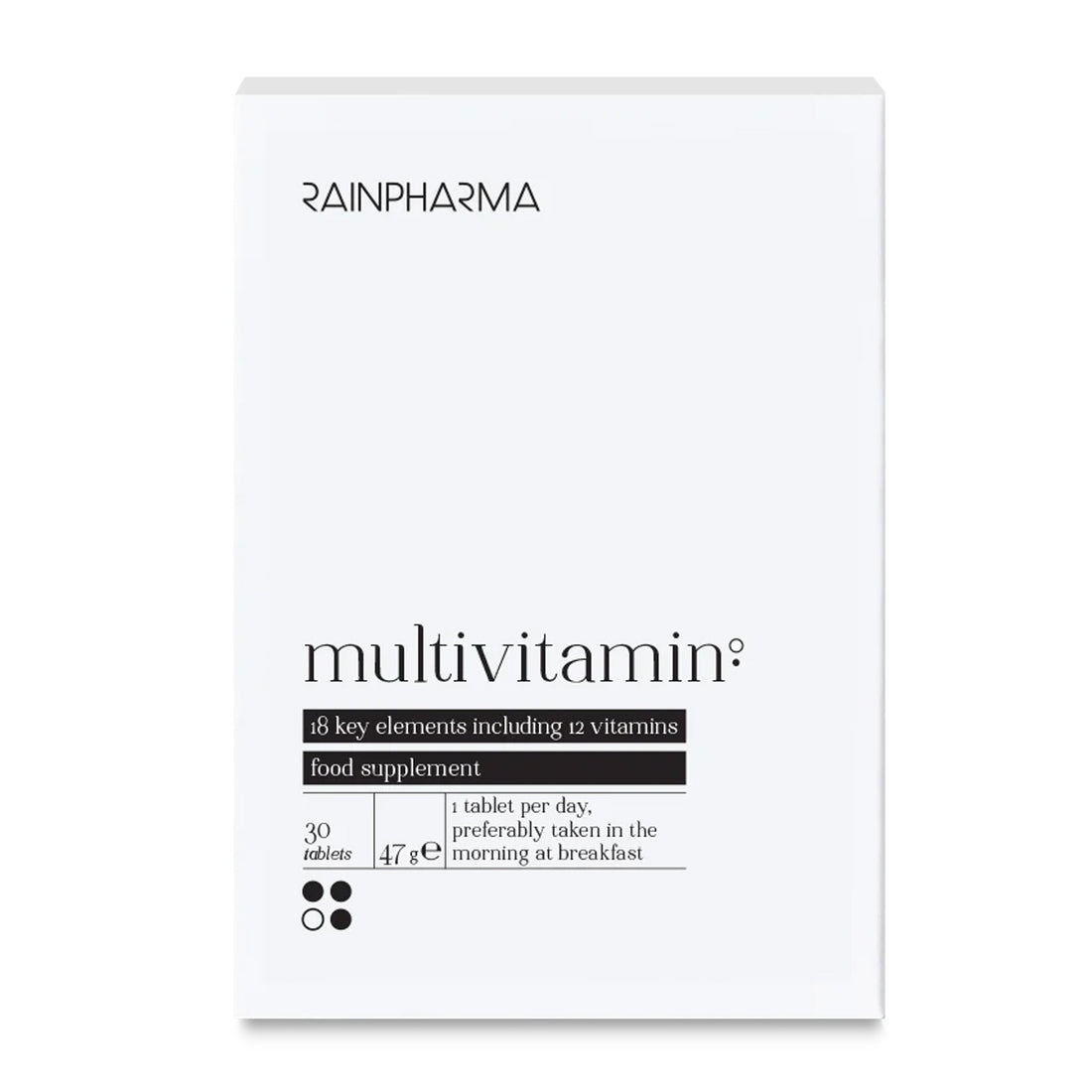 RainPharma Multivitamine (Daily Boost): een witte doos met 30 tabletten, die elk 18 belangrijke vitamines en mineralen leveren ter ondersteuning van een energiegevende stofwisseling. Dosering is 1 tablet per dag, het beste in te nemen bij het ontbijt.