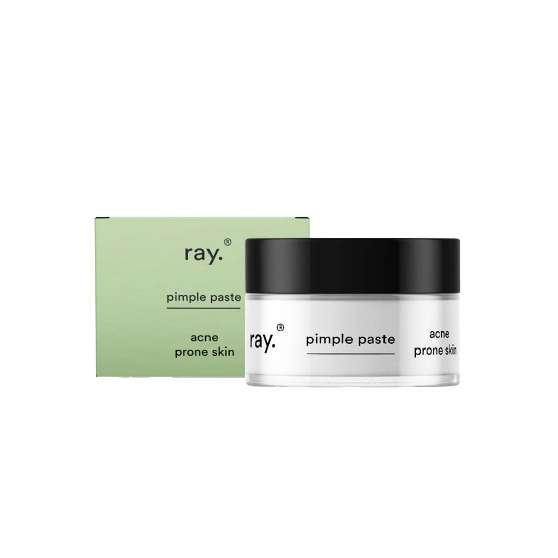 Naast het groene doosje staat een potje Ray Pimple Paste - acné gevoelige huid, beide met hetzelfde etiket en geformuleerd om puistjes te verminderen en de olieproductie onder controle te houden.