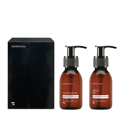 Twee bruine pompflacons van RainPharma en een zwart doosje worden getoond tegen een witte achtergrond - perfect voor de Mix &amp; Match - Stel zelf je cadeau samen set, ideaal voor een luxe giftbox of als persoonlijk geschenk.