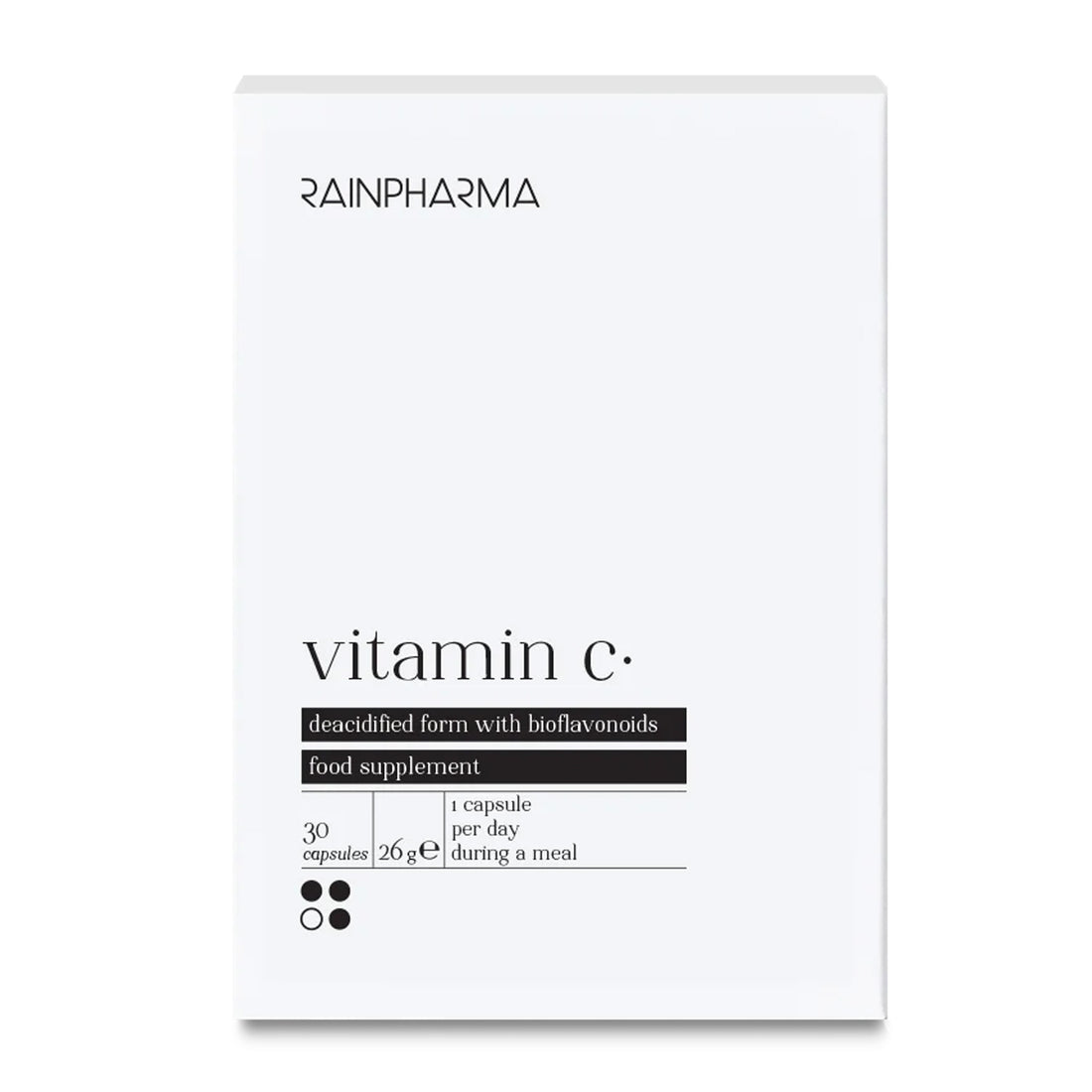 Witte doos met het opschrift &quot;Vitamine C (Super C Boost)&quot; van RainPharma, bevat 30 capsules (26 g) gebufferde vitamine C. Neem dagelijks 1 capsule bij de maaltijd. Perfecte aanvulling op je dagelijkse supplementenroutine.