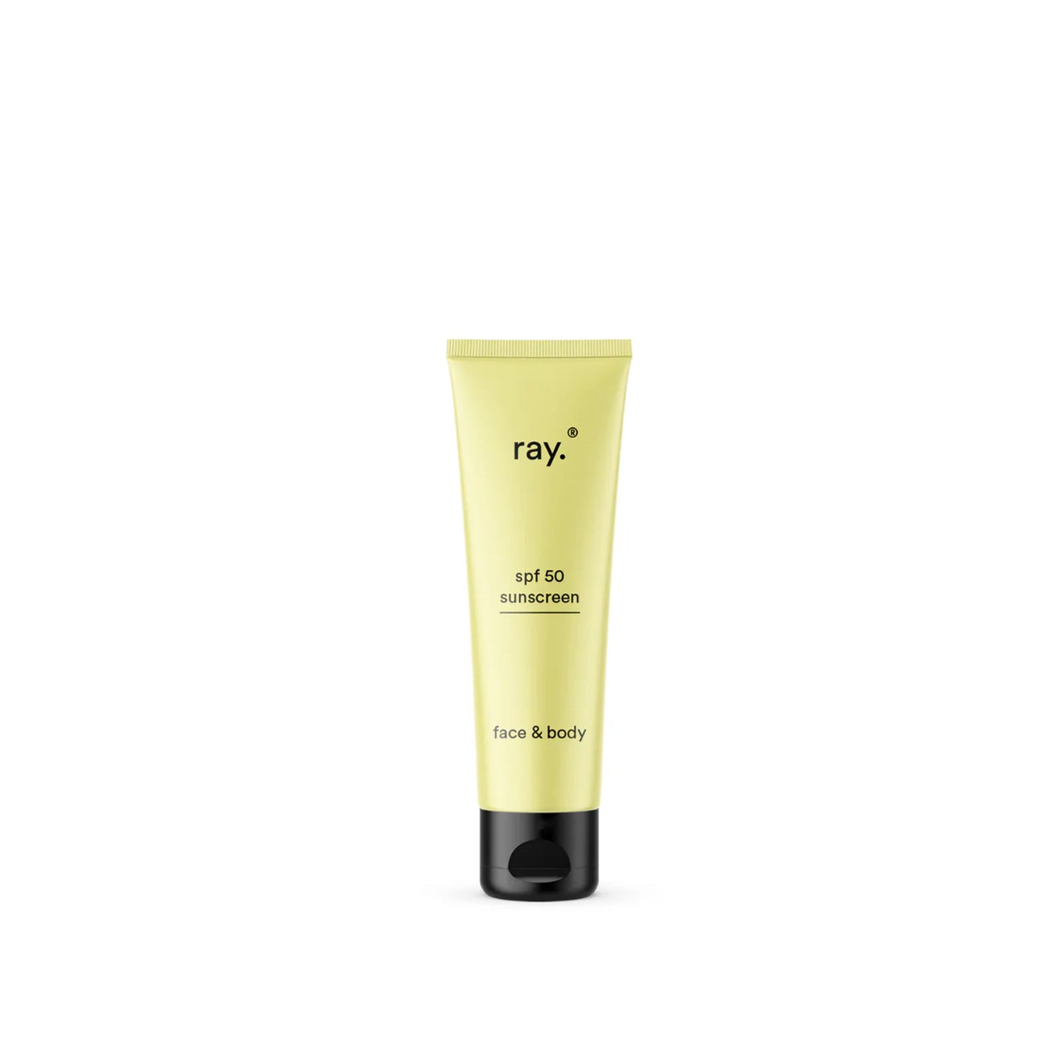 Een gele tube Ray Zonnecrème SPF50 met een zwarte dop, met minerale zonnecrème en natuurlijke ingrediënten, is gecentreerd op een effen witte achtergrond.
