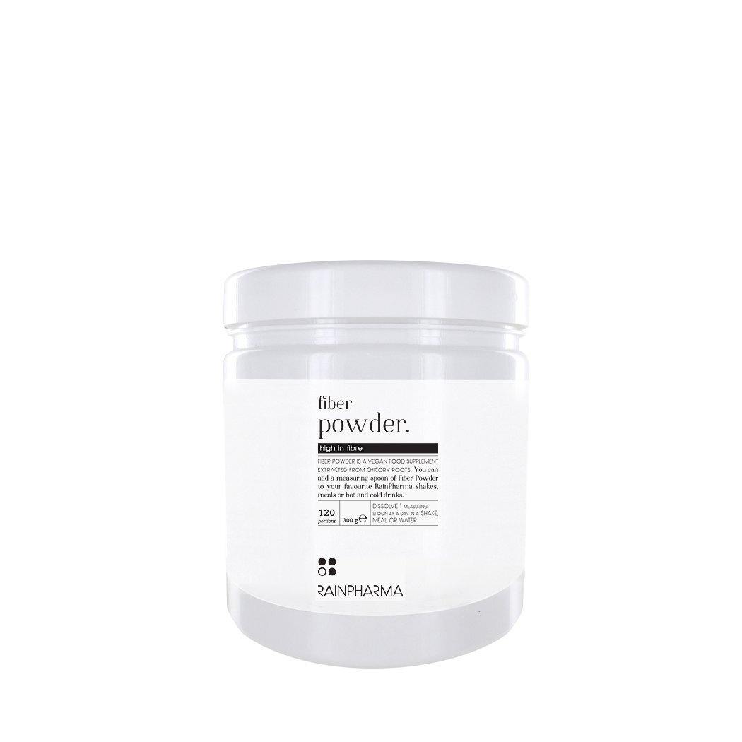 Een witte container met Rainpharma Fiber Powder met een etiket met productinformatie, geïsoleerd op een witte achtergrond.