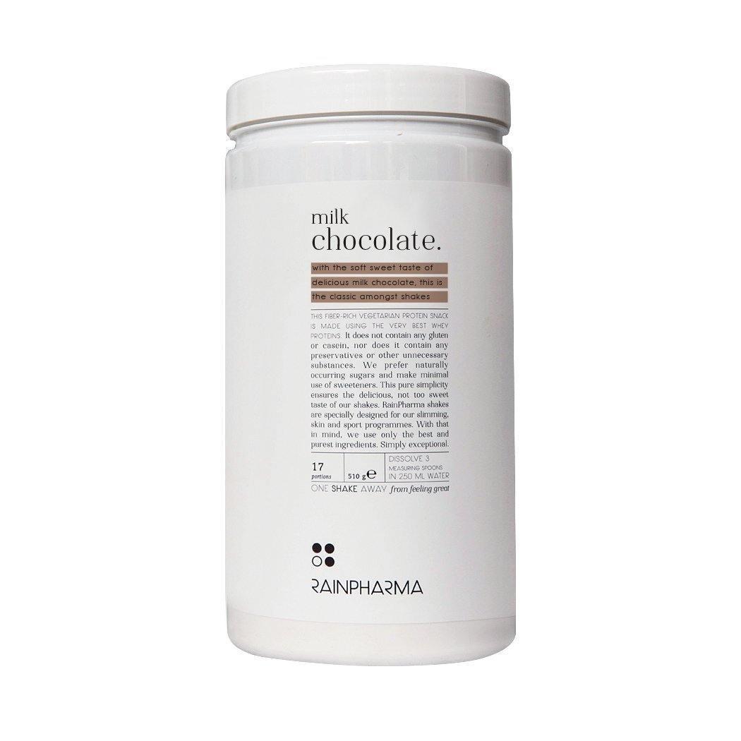 Witte verpakking RainPharma Shake Melkchocolade met ingrediëntendetails en branding op het etiket, ideaal als eiwitrijk tussendoortje.