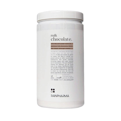 Witte verpakking RainPharma Shake Melkchocolade met ingrediëntendetails en branding op het etiket, ideaal als eiwitrijk tussendoortje.