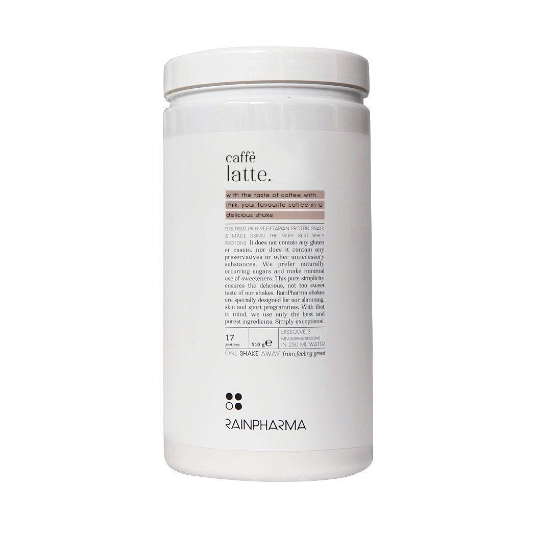 Een witte cilindrische container met het opschrift &quot;Rainpharma Café Latte Shake&quot; met informatie over de voedingswaarde en ingrediënten erop gedrukt.