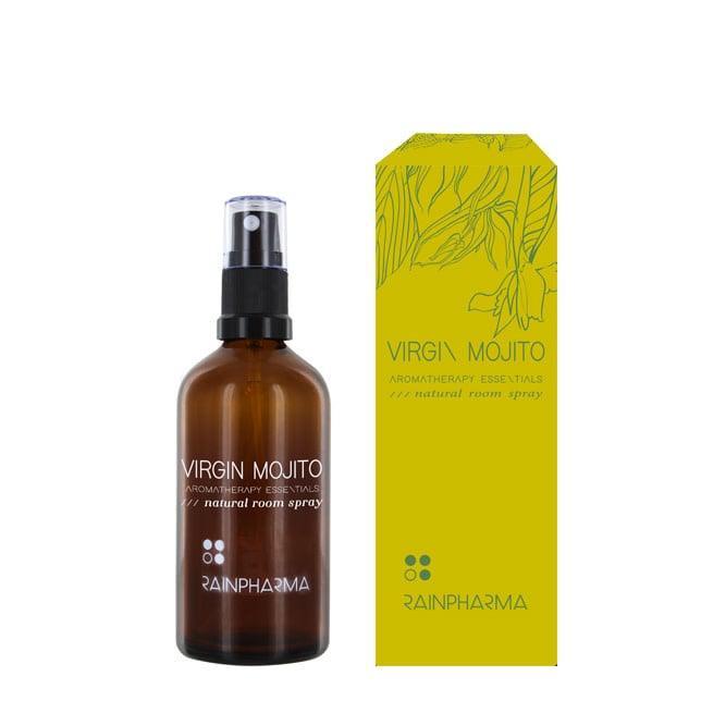 Een bruine fles met het label "Natural Room Spray - Virgin Mojito" van RainPharma staat naast de gele doos, met elegante lijnen en de nadruk op natuurlijke ingrediënten.