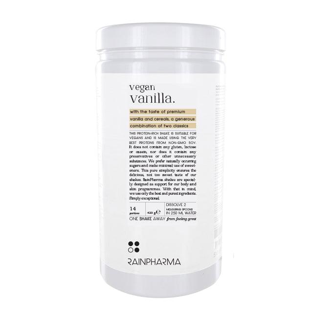 Een witte container met het opschrift &quot;Rainpharma Vegan Vanilla Shake&quot; met voedings- en gebruiksinformatie erop gedrukt, beschreven als een lactosevrij tussendoortje.