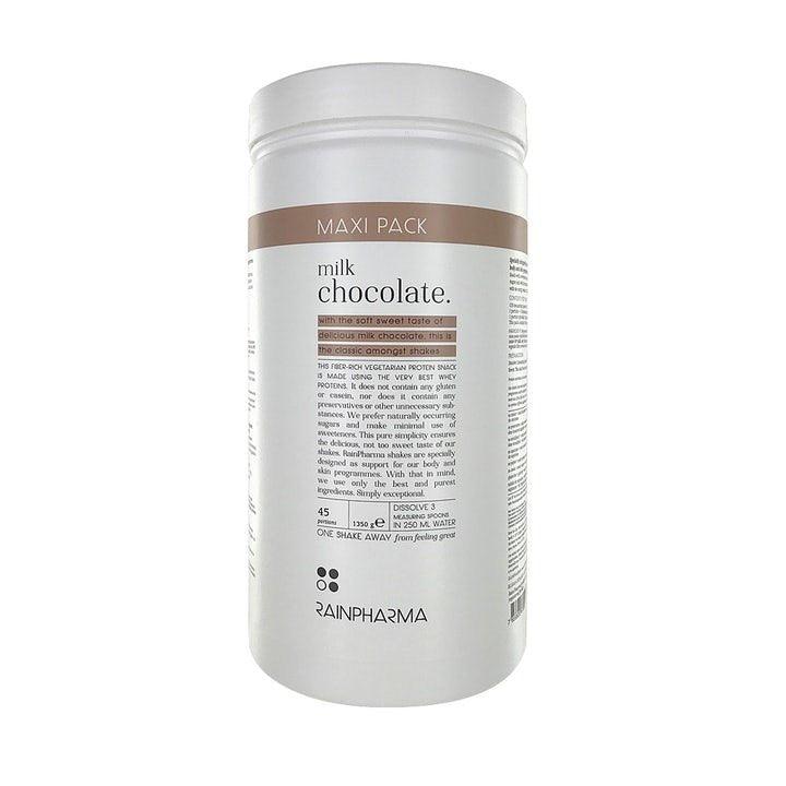 Een witte pot RainPharma Shake Melkchocolade XL, van het merk Rainpharma, bevat 45 porties proteïneshakepoeder en is ideaal voor een eiwitrijk tussendoortje.