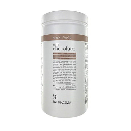 Een witte pot RainPharma Shake Melkchocolade XL, van het merk Rainpharma, bevat 45 porties proteïneshakepoeder en is ideaal voor een eiwitrijk tussendoortje.