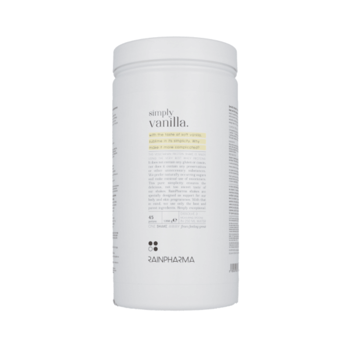 Een cilindrische witte container met het label &quot;RainPharma Shake Simply Vanilla XL&quot;, met productdetails en tekst in zwarte en pasteltinten. Dit eiwitrijke tussendoortje biedt een heerlijk romige, glutenvrije shake-ervaring.