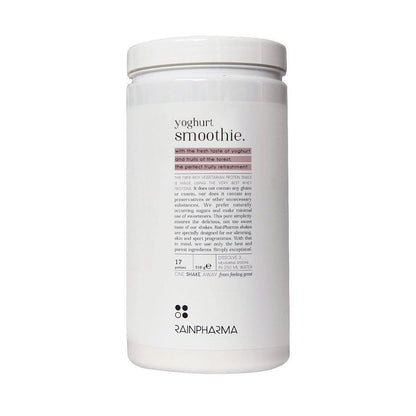 Een witte verpakking met het label &quot;RainPharma Shake Yoghurt Smoothie&quot; van Rainpharma, met tekst over de voordelen en inhoud van het product. Deze vezelrijke shake biedt een heerlijke, voedzame mix die perfect is als eiwitrijke snack.