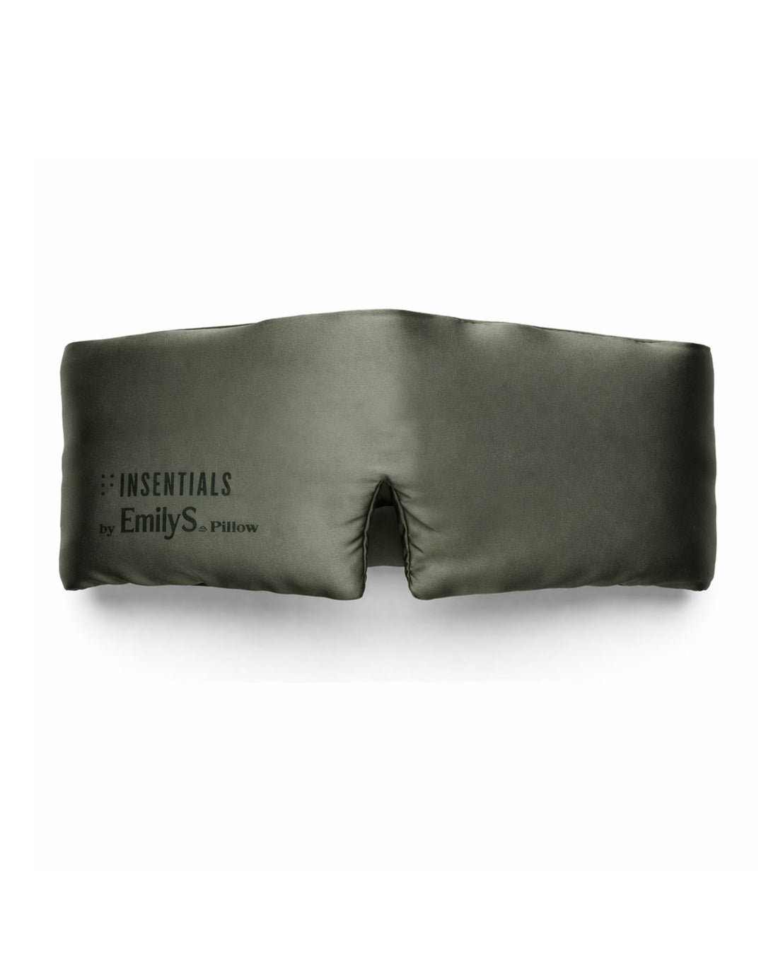 Een luxueus donkergroen satijnen kussen met een inkeping in het midden en de tekst „Insentials Zijden slaapmasker (Emily’s Pillow)“ aan de linkerkant – een elegante aanvulling op je luxe slaapmasker voor een werkelijk heerlijke avondroutine.