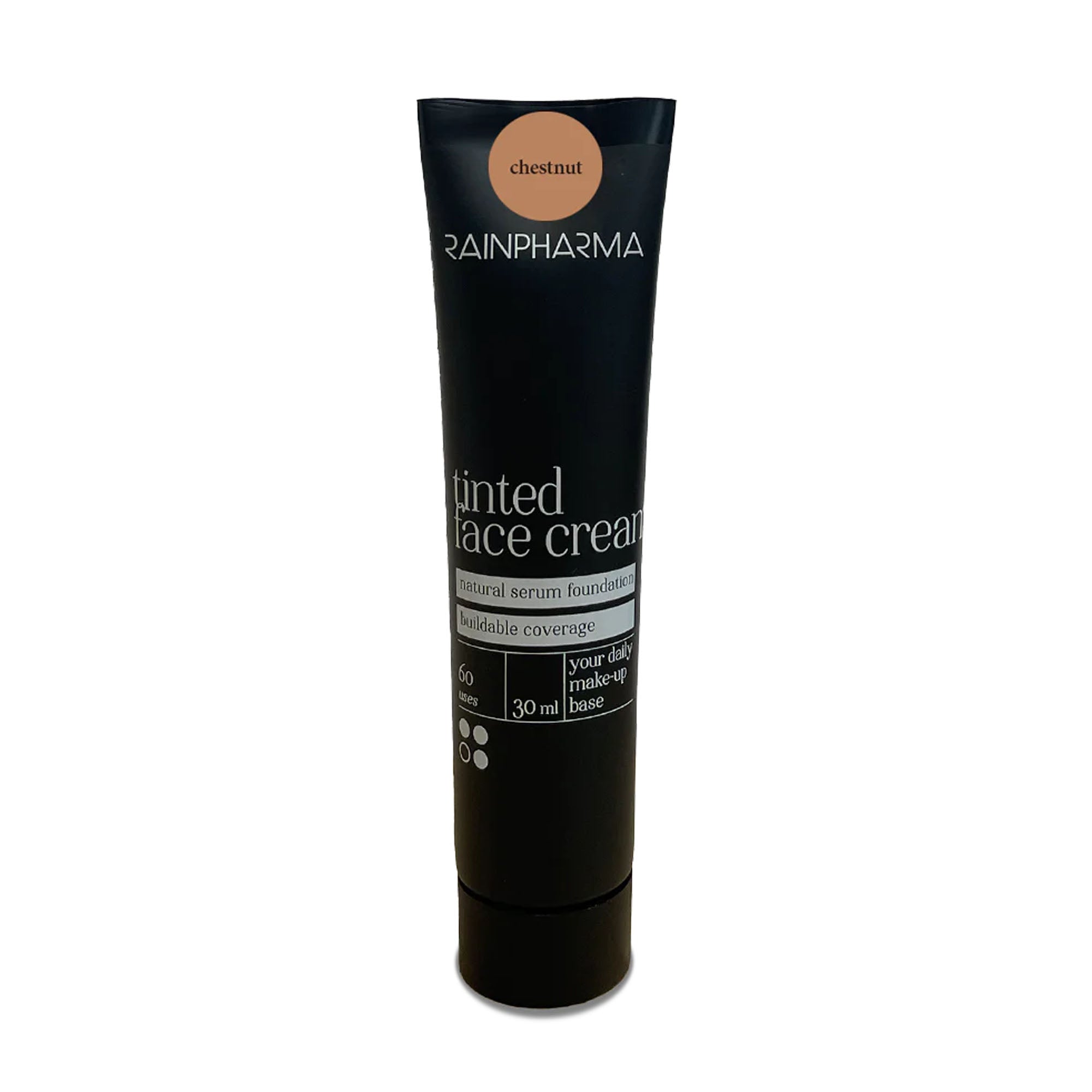 Een zwarte tube met het opschrift „RainPharma Make Up – Tinted Face Cream” in de kleur Chestnut, 30 ml, met een veganistische getinte crèmeformule en SPF15-zonbescherming, staat rechtop op een witte achtergrond.