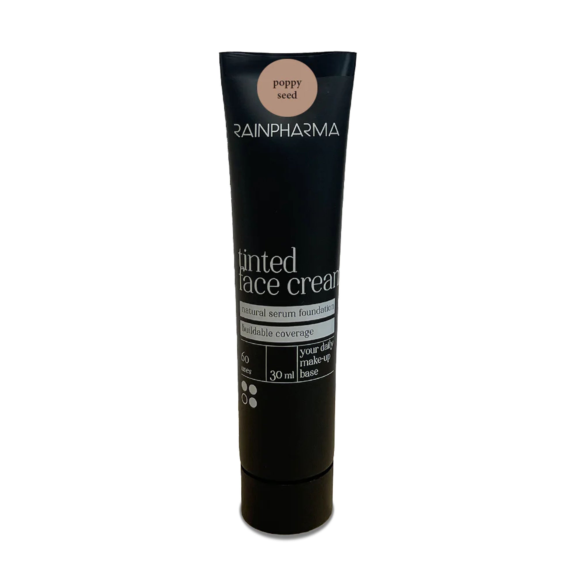 Een zwarte tube met het opschrift „RainPharma Make Up – Tinted Face Cream“ in de kleur „Poppy Seed“ biedt een opbouwbare dekking met SPF15-zonbescherming en bevat 30 ml veganistische getinte crème.