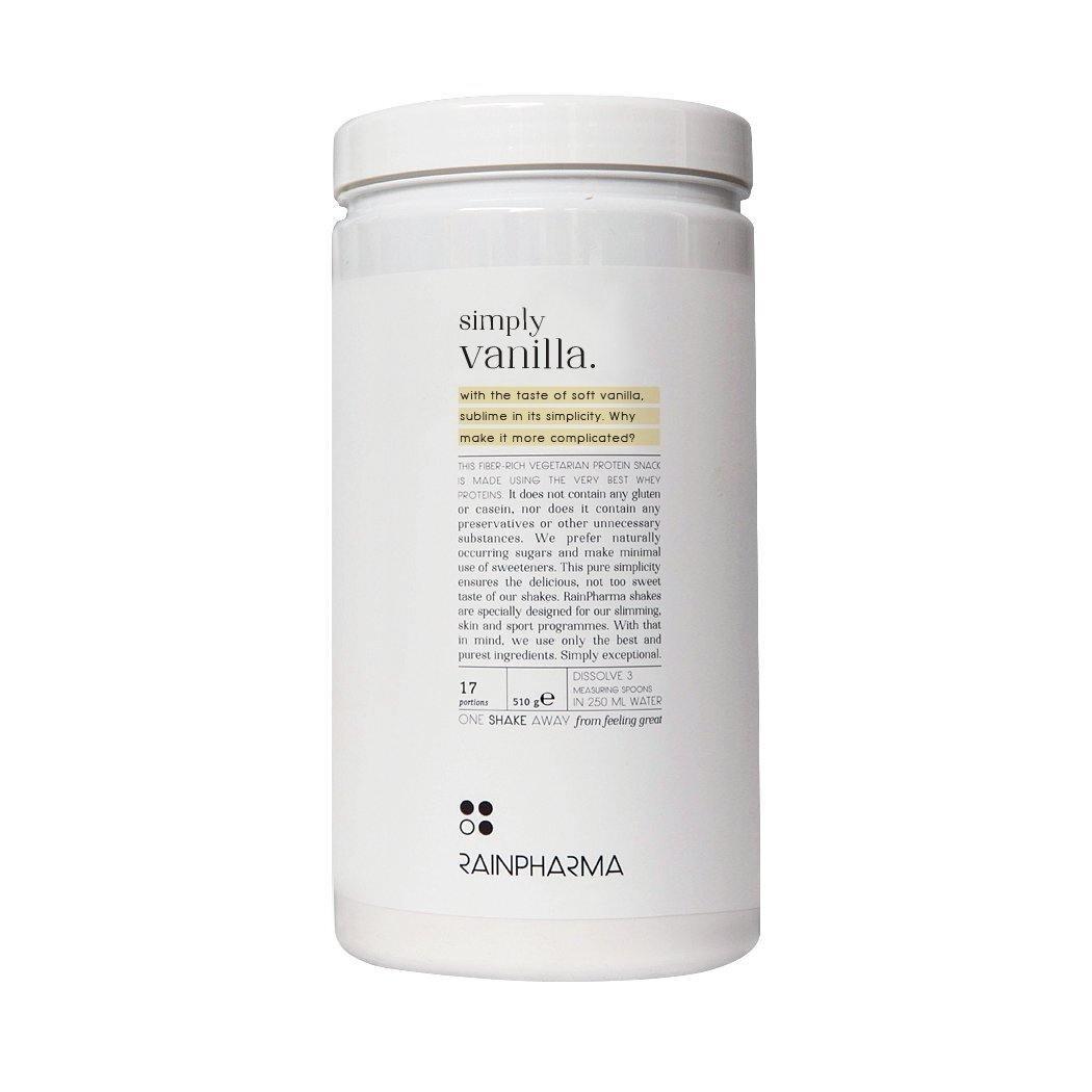 Witte cilindrische container met het opschrift &quot;Simply Vanilla Shake&quot; van Rainpharma, met productinformatie en ingrediënten, beschreven als een &quot;glutenvrij tussendoortje&quot;.