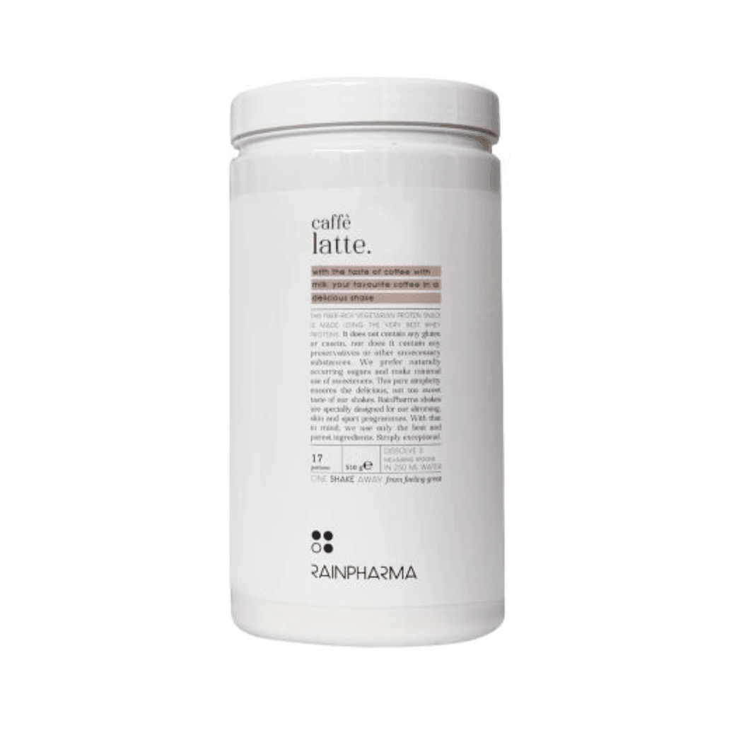 Een witte cilindrische container met het opschrift &quot;XL Shake Cafe Latte - Limited Edition&quot; in eenvoudige, moderne typografie, met voedingsinformatie en het Rainpharma-logo op de voorkant.