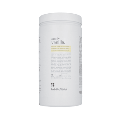 Witte cilindrische container met het opschrift &quot;Rainpharma XL Shake Simply Vanilla - Limited Edition&quot; met voedings- en productinformatie op de achterkant, aangeprezen als een glutenvrij eiwitrijk tussendoortje.